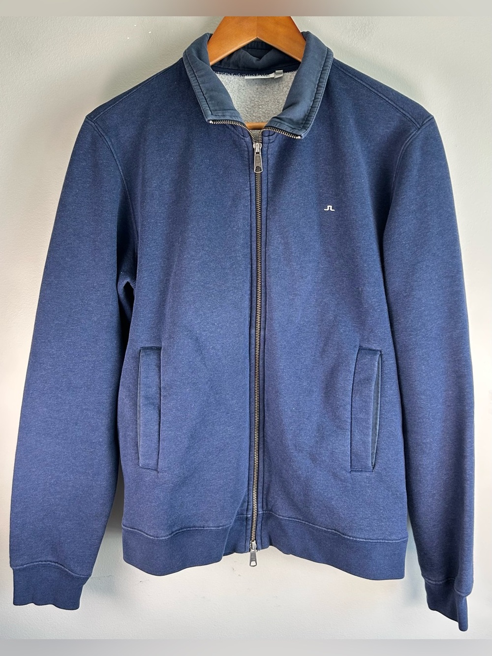 J Lindeberg Men’s Full Zip Sweater Jacket Size L Blue Fleece Jeremy Soft Cotton - Picture 1 of 10
